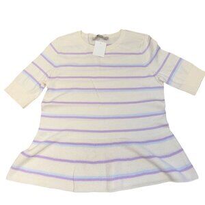 Striped Cream & Lavender Knit Tunic Top With 3/4 Sleeves petite medium